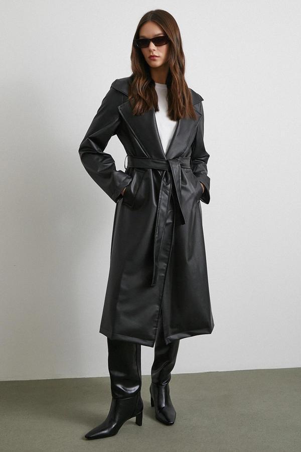 Kuşaklı Deri Pardesü Siyah - Image 1