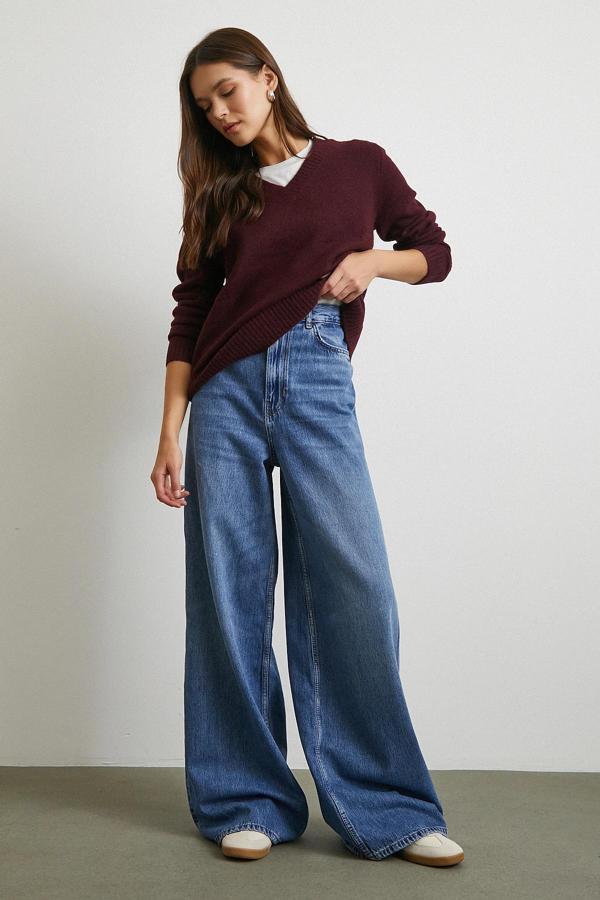 Yüksek Bel Geniş Paça Beş Cepli Jean Mavi - Image 1