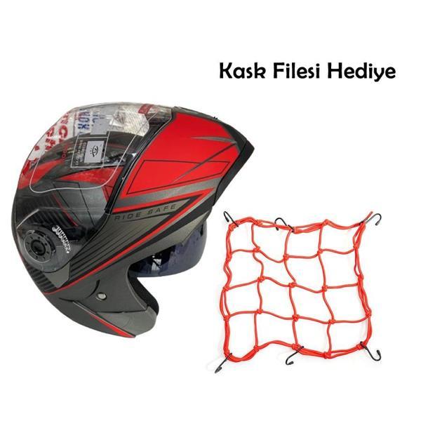 JK20 Çene Açılır Güneş Vizörlü Motosiklet Kaskı Kırmızı XL Beden Baş Çevresi: 61-62CM - Image 1