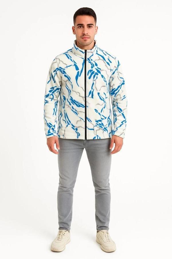 Erkek Tam Fermuarlı Desenli Polar Sweat  Lightning Desen Yakalı, Uzun Kollu, Oversize Rahat Kalıp -  - Image 1