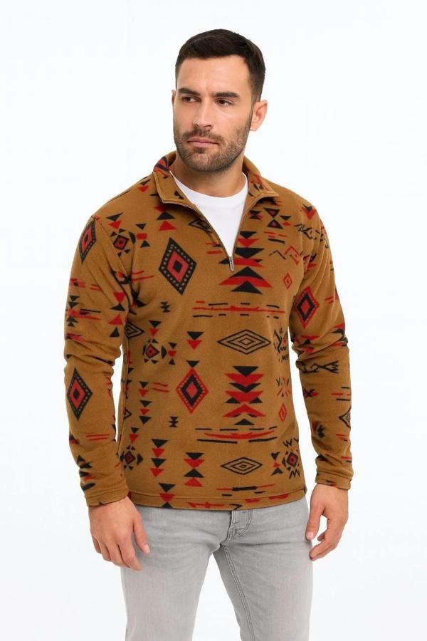 Erkek Yarım Fermuarlı Desenli Polar Sweat Tribal Etnik Desen Yakalı, Uzun Kollu, Oversize Rahat Kalı - Image 1