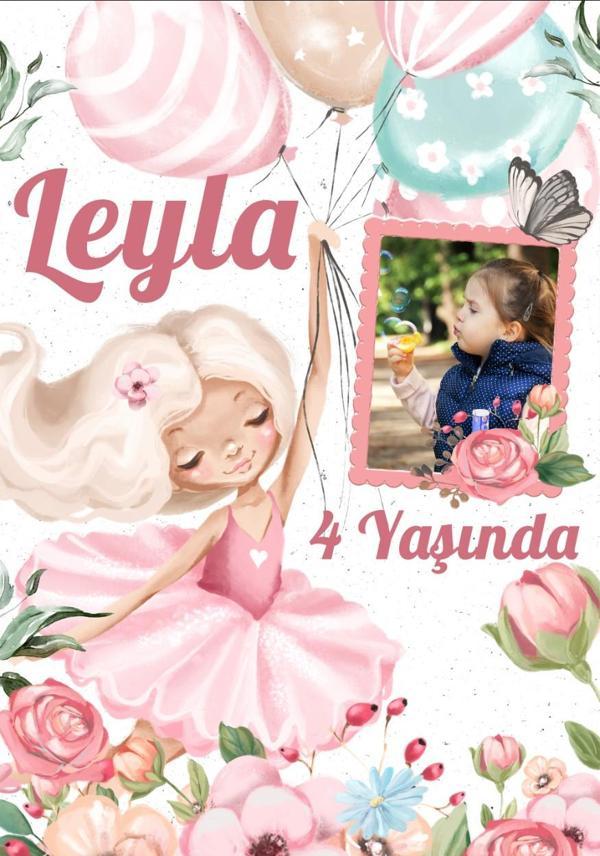 Balerin ve Balonlar Temalı Doğum Günü Afişi - 35x50 Cm - Image 1