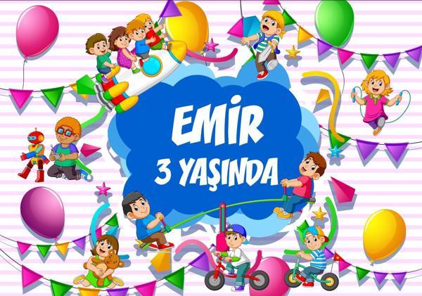 Çocuklar ve Bnalonlar Temalı Doğum Günü Afişi - 35x50 Cm - Image 1