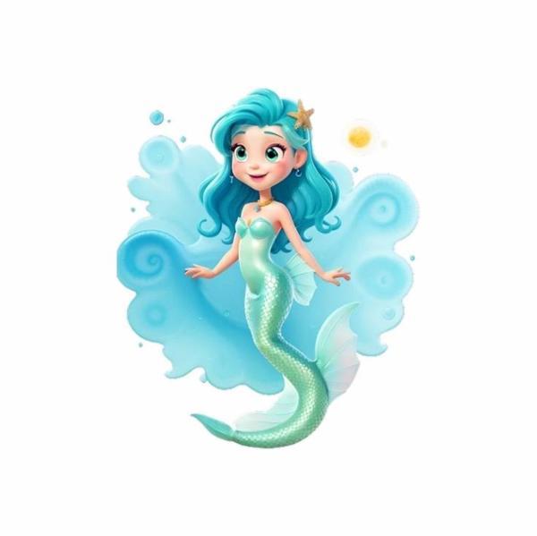 Dalgalı Mavi Saçlı Deniz Kızı Duvar Sticker'ı - Image 1