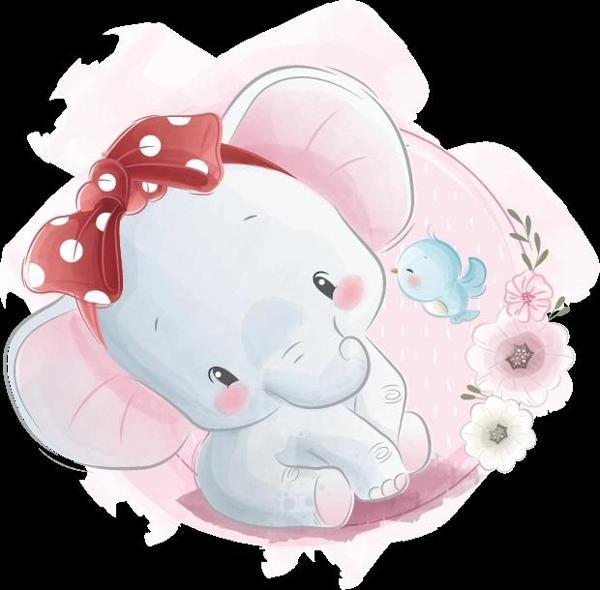 Fiyonklu Fil Yavrusu ve Kuş Duvar Stickerı - Image 1