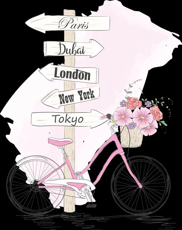 Çiçekli Bisiklet ve Şehir Tabela Duvar Stickerı - Image 1