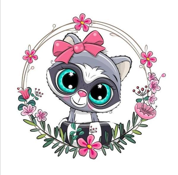 Fiyonklu Rakun Çiçek Çerçeveli Duvar Stickerı - Image 1