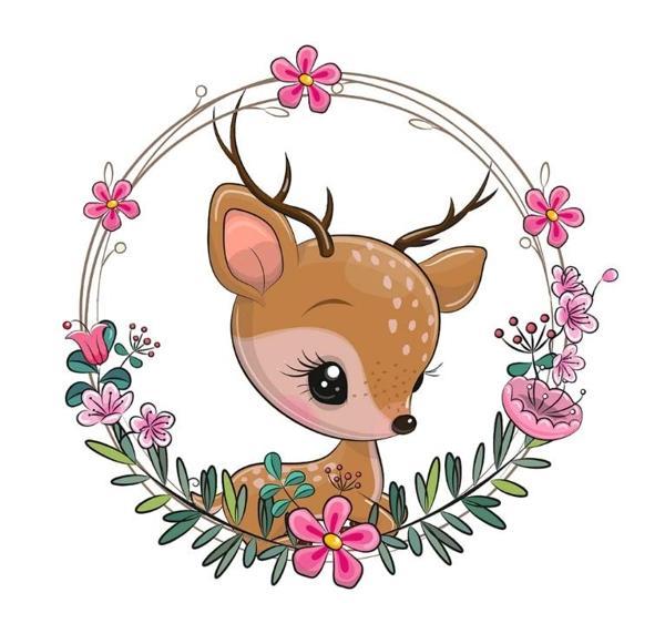 Geyik Yavrusu Çiçek Çerçeveli Duvar Stickerı - Image 1