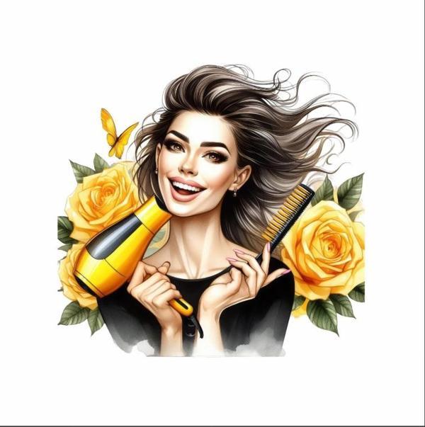 Fön Makinesi ve Tarak Tutan Kuaför Kız Duvar Stickerı - Image 1