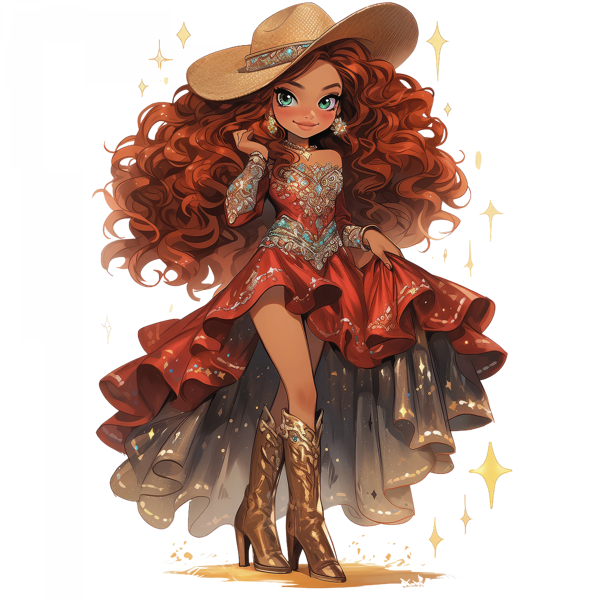 Kırmızı ve Altın Elbiseli Göz Alıcı Kovboy Kız Duvar Stickerı - Image 1