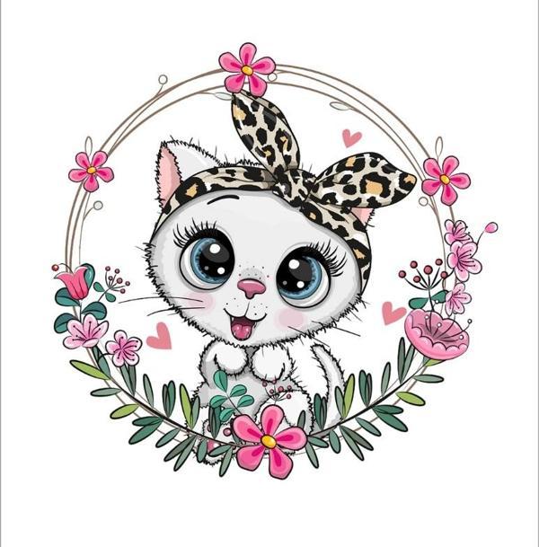 Leopar Bandanalı Kedi Çiçek Çerçeveli Duvar Stickerı - Image 1