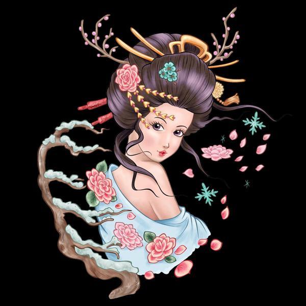 Kış Çiçekleri ve Ağaç Dalları ile Japon Kadını - Image 1