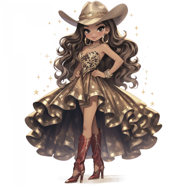 Kahverengi Çizmeli Yıldızlı Elbiseli Kovboy Kız Duvar Stickerı - Image 1