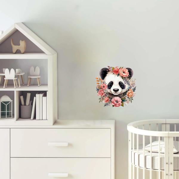 Pembe ve Krem Rengi Çiçek Taçlı Panda Duvar Stickerı - Image 1