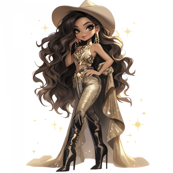 Parlak Altın Pantolonlu ve Şapkalı Kovboy Kız Duvar Stickerı - Image 1