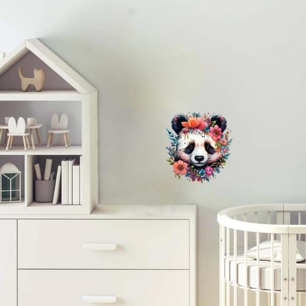 Mor ve Turuncu Çiçek Taçlı Panda Duvar Stickerı - Image 1