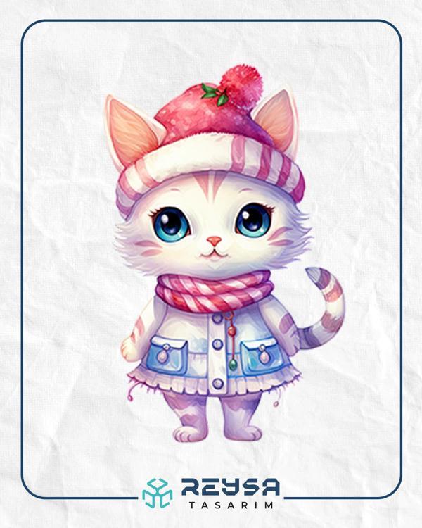 Pofuduk Şapkalı Kış Kedisi Duvar Stickerı - Image 1