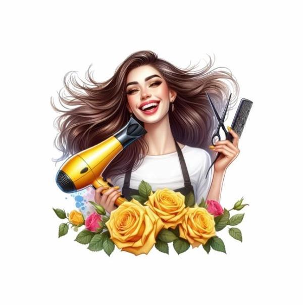 Sarı Güllü Makas ve Fön Tutan Kuaför Kız Duvar Stickerı - Image 1