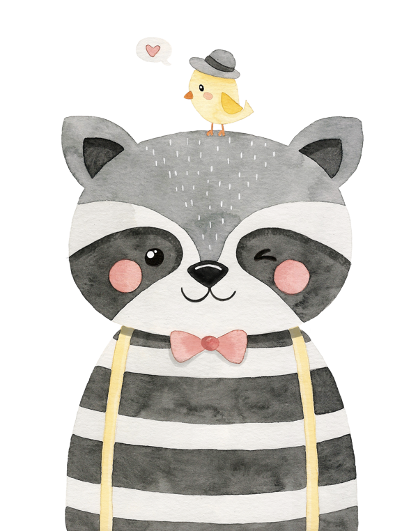 Şapkalı Rakun ve Kuş Duvar Stickerı - Image 1