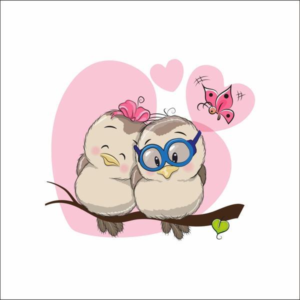 Sevimli Baykuşlar ve Kelebek Sticker - Image 1