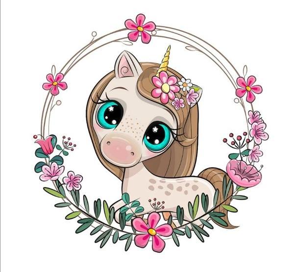 Tek Boynuzlu At Çiçek Çerçeveli Duvar Stickerı - Image 1