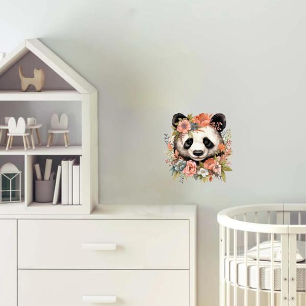 Şeftali ve Mavi Tonlarında Çiçek Taçlı Panda Duvar Stickerı - Image 1
