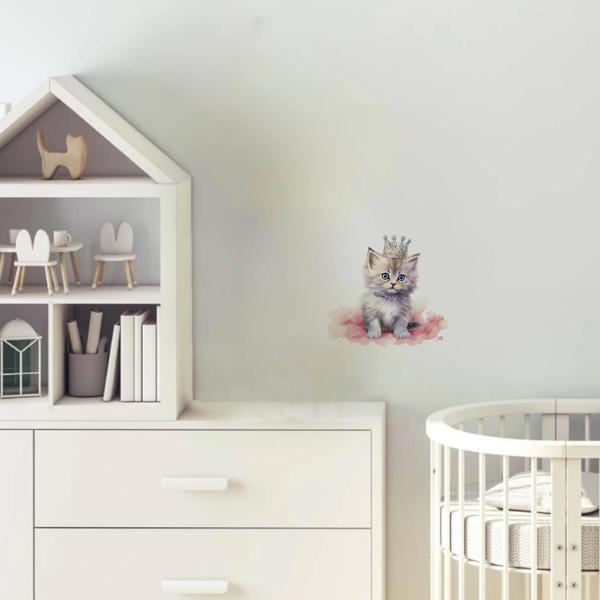 Taçlı Kedi ve Pembe Bulut Duvar Stickerı - Image 1