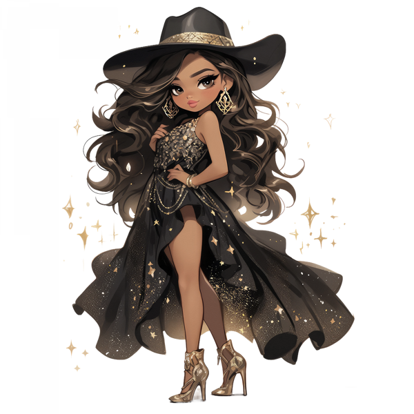 Siyah ve Altın Işıltılı Elbiseli Kovboy Kız Duvar Stickerı - Image 1