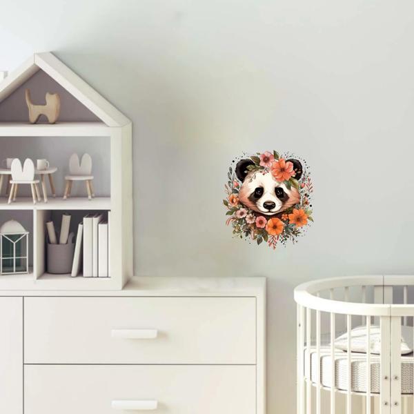 Turuncu Çiçekli Panda Kafası Duvar Stickerı - Image 1