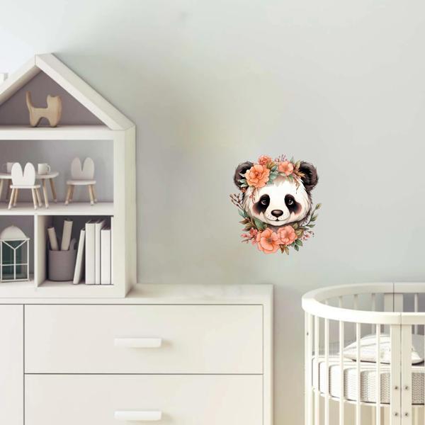 Turuncu Çiçek Taçlı Panda Duvar Stickerı - Image 1