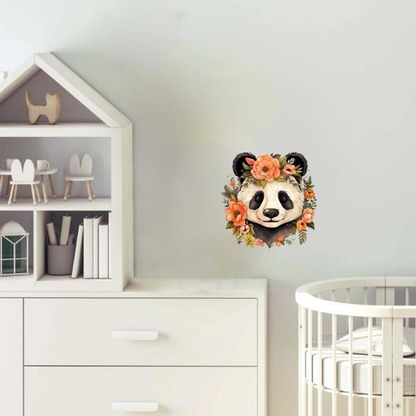 Turuncu Çiçek Taçlı Panda Duvar Stickerı - Image 1
