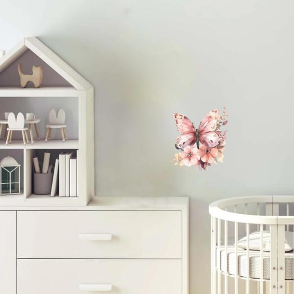 Turuncu-Pembe Kelebek ve Çiçekler Duvar Stickerı - Image 1