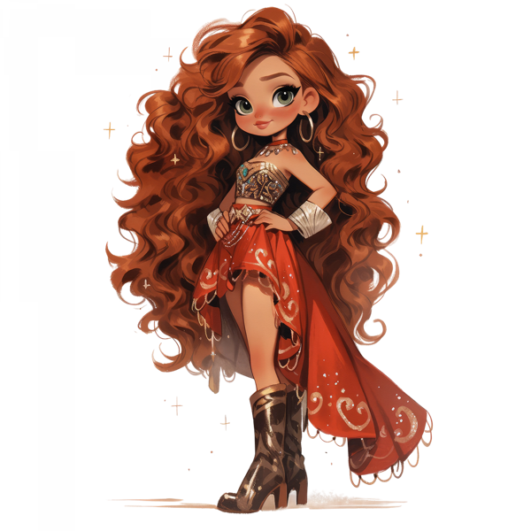 Uzun Kızıl Saçlı Kırmızı Elbiseli Kovboy Kız Duvar Stickerı - Image 1