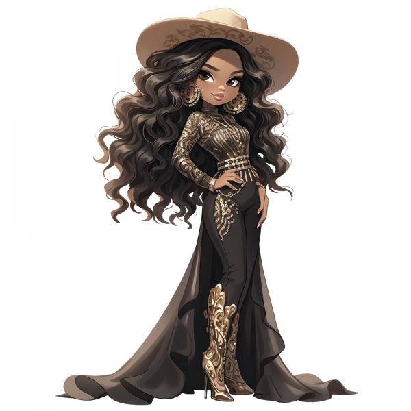 Uzun Kuyruklu Altın İşlemeli Takımlı Kovboy Kız Duvar Stickerı - Image 1