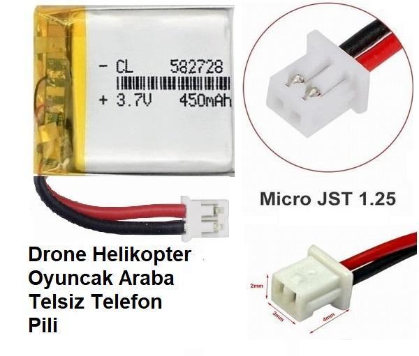 Jst Micro 1.25mm 450 Mah 3.7v Drone Helikopter Oyuncak Araba Telsiz Telefon Pili - Image 1