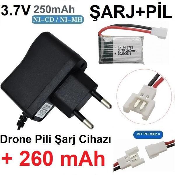 Drone Pili Şarj Cihazı + 260 Mah Pil JST Ph Mx2.0 Fiş Güç Adaptörü 3.7v  - Image 1
