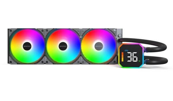 MONTECH HyperFlow Dijital 360 CPU Sıvı Soğutucu, 3100 RPM Pompalı 360 mm AIO, 3×120 mm E28 ARGB Fanl - Image 1