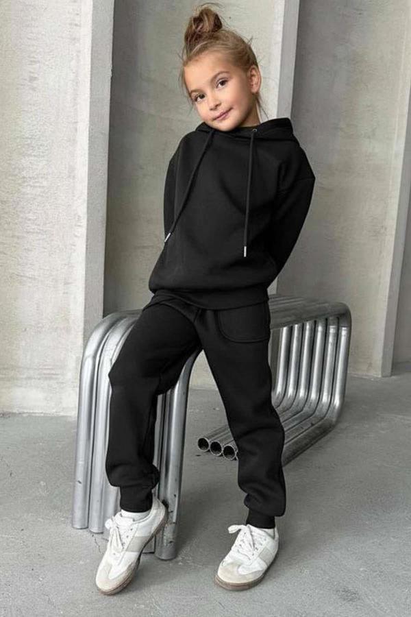 Kız Çocuk Şardonlu İp Detaylı Sweatshirt Pamuklu Siyah Eşofman Takım - Image 1