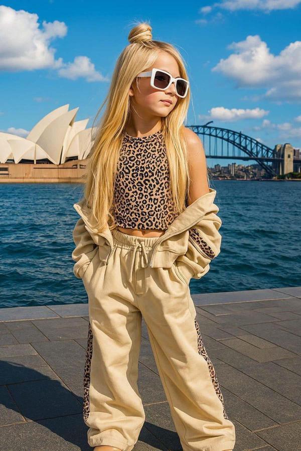 Kız Çocuk Leopar Baskılı Kolsuz Badi Leopar Şerit Detaylı Ceket Krem Eşofman Takım - Image 1