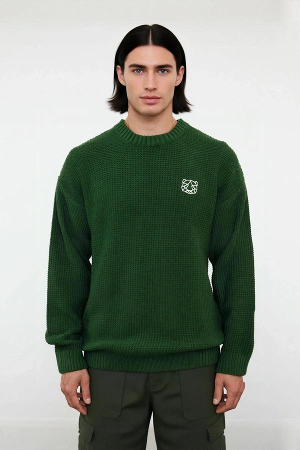 Erkek Geniş Kalıp Oversize Fit Bisiklet Yaka Nakış Detaylı Triko Kazak Serin Havalar İçin Kaliteli - Image 1