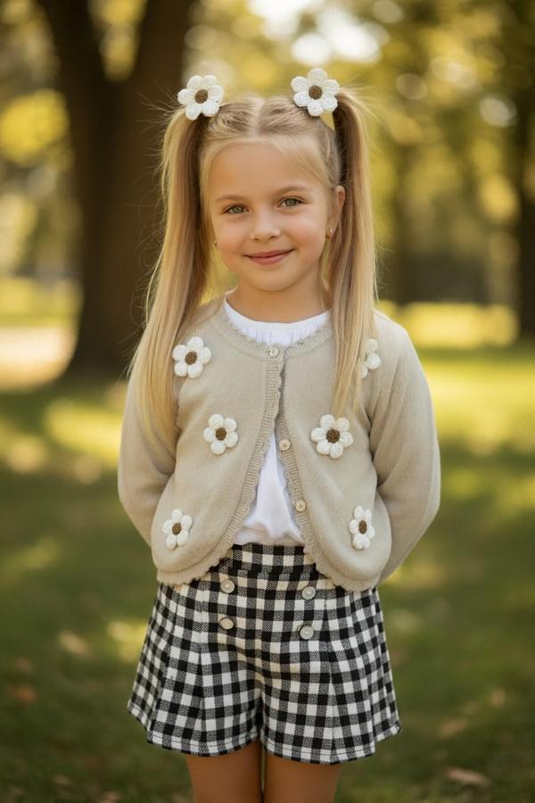 Çiçekli Hırkalı Şort Etekli Kız Çocuk Takım - Image 1