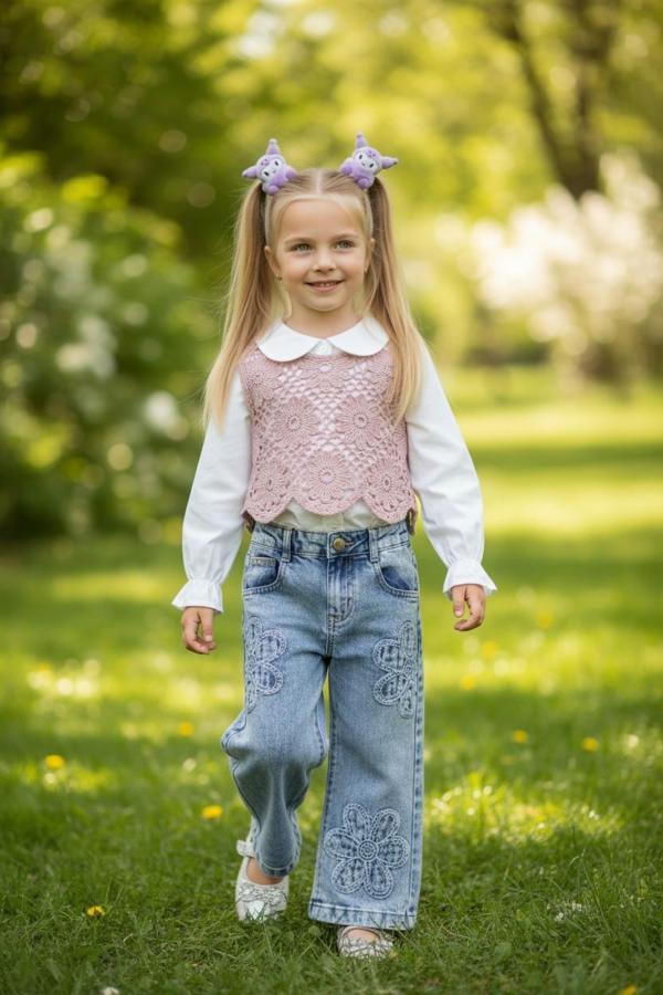 Triko Süveterli Kız Çocuk Kot Pantolonlu Takım - Image 1