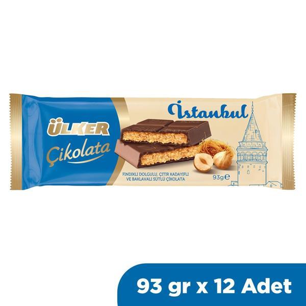 Ülker Çikolata İSTANBUL Fındıklı Dolgulu, Çıtır Kadayıflı ve Baklavalı Çikolata 93 gr x 12 Adet - Image 1