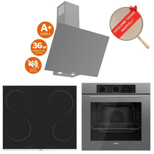 Ferre FlowArt Vita Vitroseramik Elektrikli Gri  Ankastre Set ( D079-SA Sessiz + MS261 + QBL62CPR) - Image 1