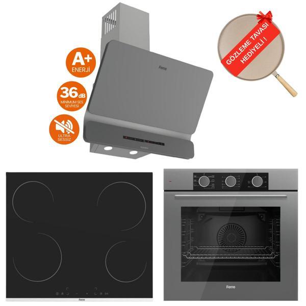 Ferre FryArt&FlowArt Vitroseramik Elektrikli Gri Ankastre Set ( D082-SA Sessiz + MS261 + QXE62CPR ) - Image 1
