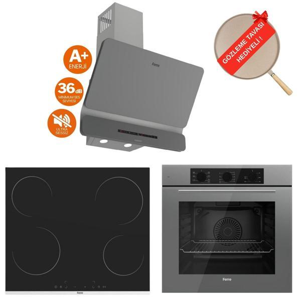 Ferre FlowArt Vivo Vitroseramik Elektrikli Gri  Ankastre Set ( D082-SA Sessiz + MS261 + QBL62CPR) - Image 1