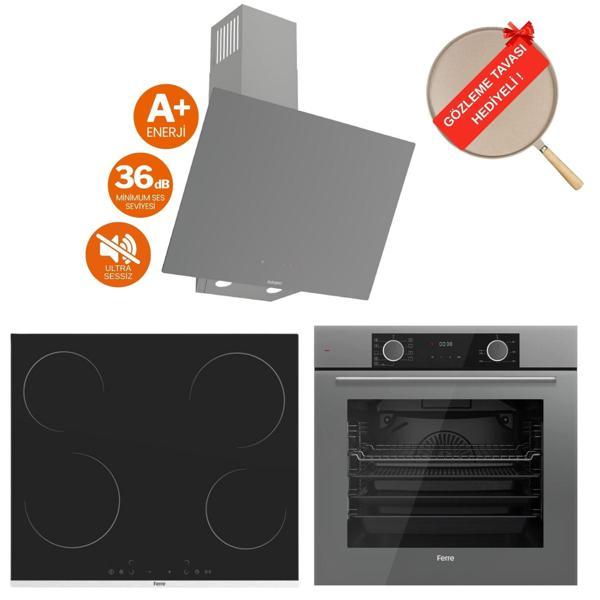 Ferre FryArt Milovia Vitroseramik Elektrikli Gri  Ankastre Set ( D079-SA Sessiz + MS261 + XE63CPR) - Image 1