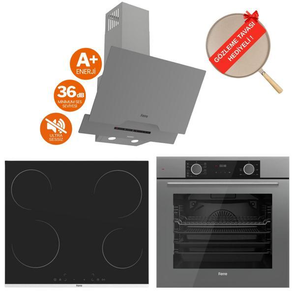 Ferre FryArt Silver Vitroseramik Elektrikli Gri  Ankastre Set ( D065-SA Sessiz + MS261 + XE63CPR) - Image 1