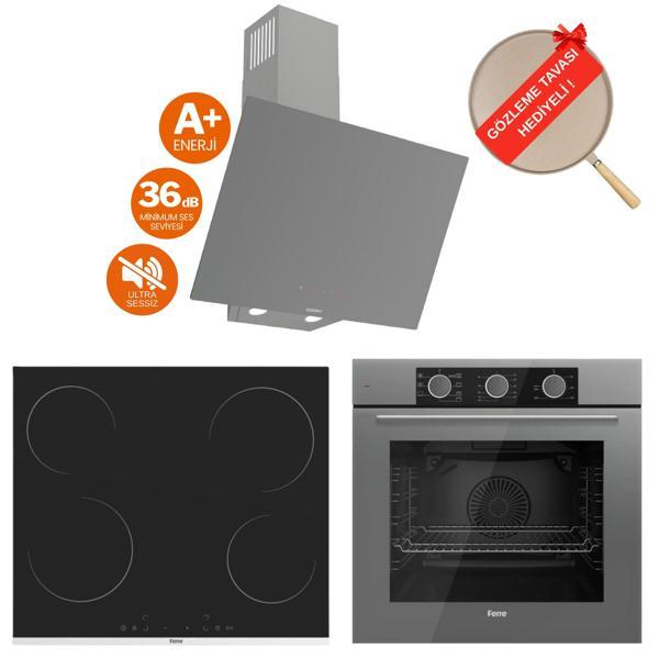 Ferre FryArt Vitello Vitroseramik Elektrikli Gri  Ankastre Set ( D079-SA Sessiz + MS261 + QXE62CPR) - Image 1