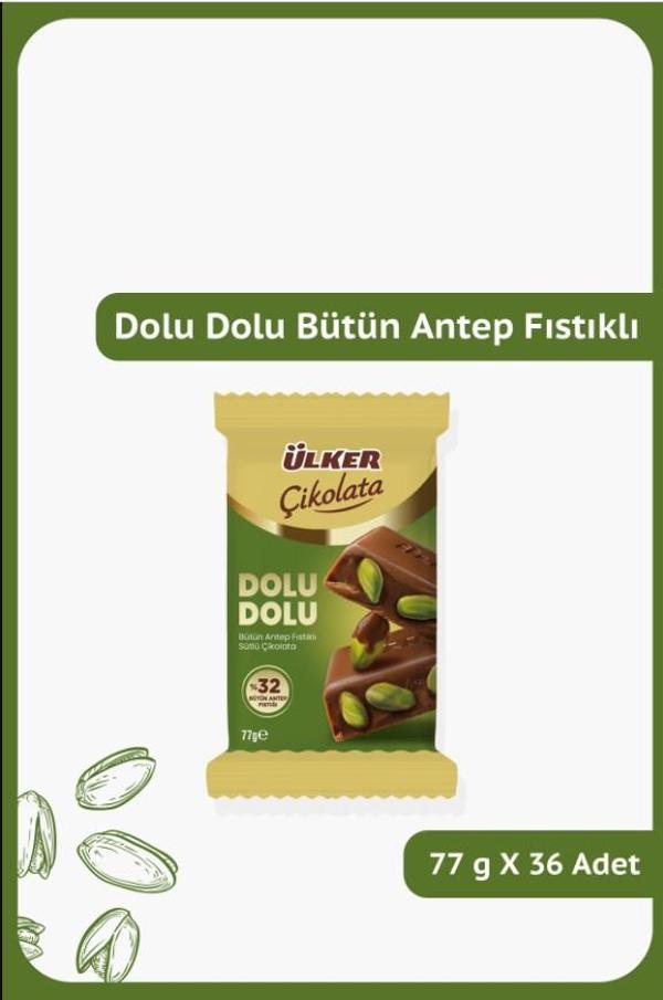 DOLU DOLU %32 Bütün Antep Fıstıklı Sütlü Çikolata - 77 gram - 36 Adet - Image 1